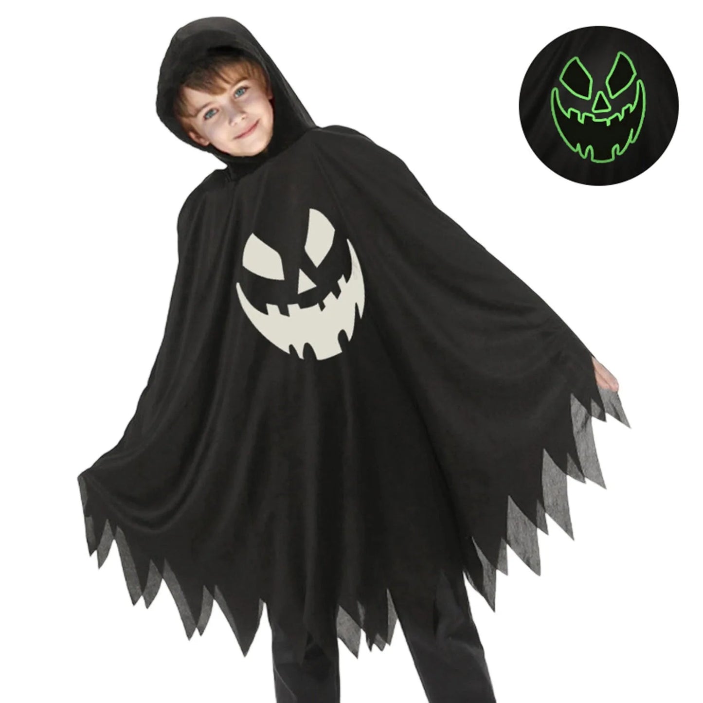 Halloween Kids Cosplay Costume White Black Luminous Ghost Luminous Face Cape Shawl Party Dress-Up Costume Boys Cape Girl Skirt Good Vibrations