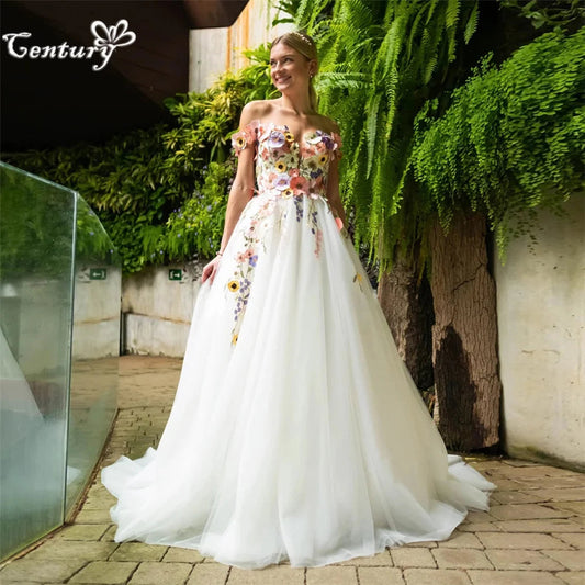 Colorful Embroidery Lace Floral Wedding Dresses Off Shoulder Tulle Forest Woodland Boho Bridal Gowns Plus Size Customized Good Vibrations