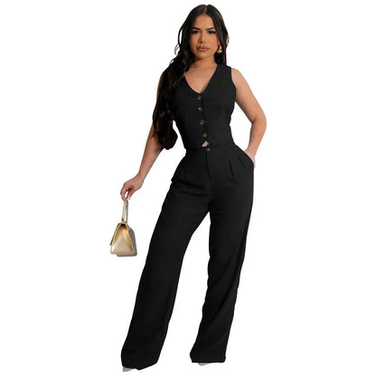 Fashion Elegant Two Piece Set for Women Workwear Office Lady Sleeveless Vest Single-breasted Top + Wide Leg Pants Business Suit Good Vibrations