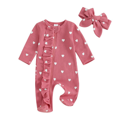 Pudcoco Baby Girls Valentines Day Foot Cover Jumpsuit Long Sleeve Crew Neck Heart Print Ruffle Zipper Footies with Headband 0-6M Good Vibrations