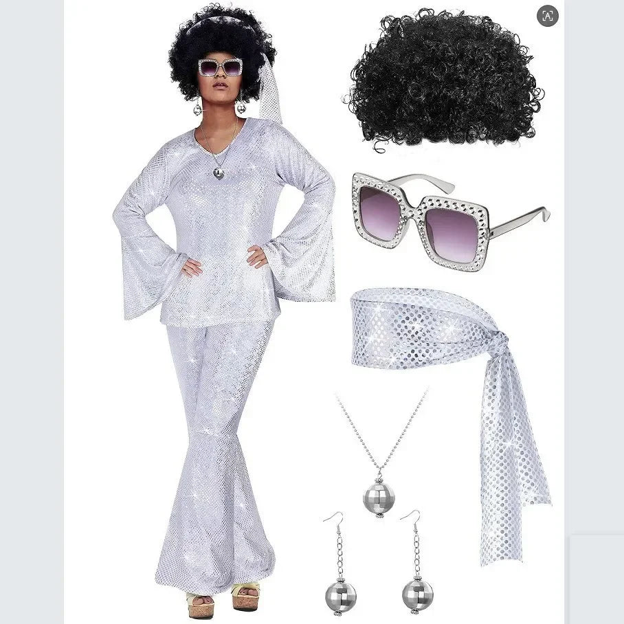 70s Women Disco Outfit Costume Disco Party Top Pants Sunglasses Ball Necklace Earring Wig for Halloween Easter Party Dress Up Good Vibrations