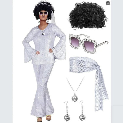 70s Women Disco Outfit Costume Disco Party Top Pants Sunglasses Ball Necklace Earring Wig for Halloween Easter Party Dress Up Good Vibrations