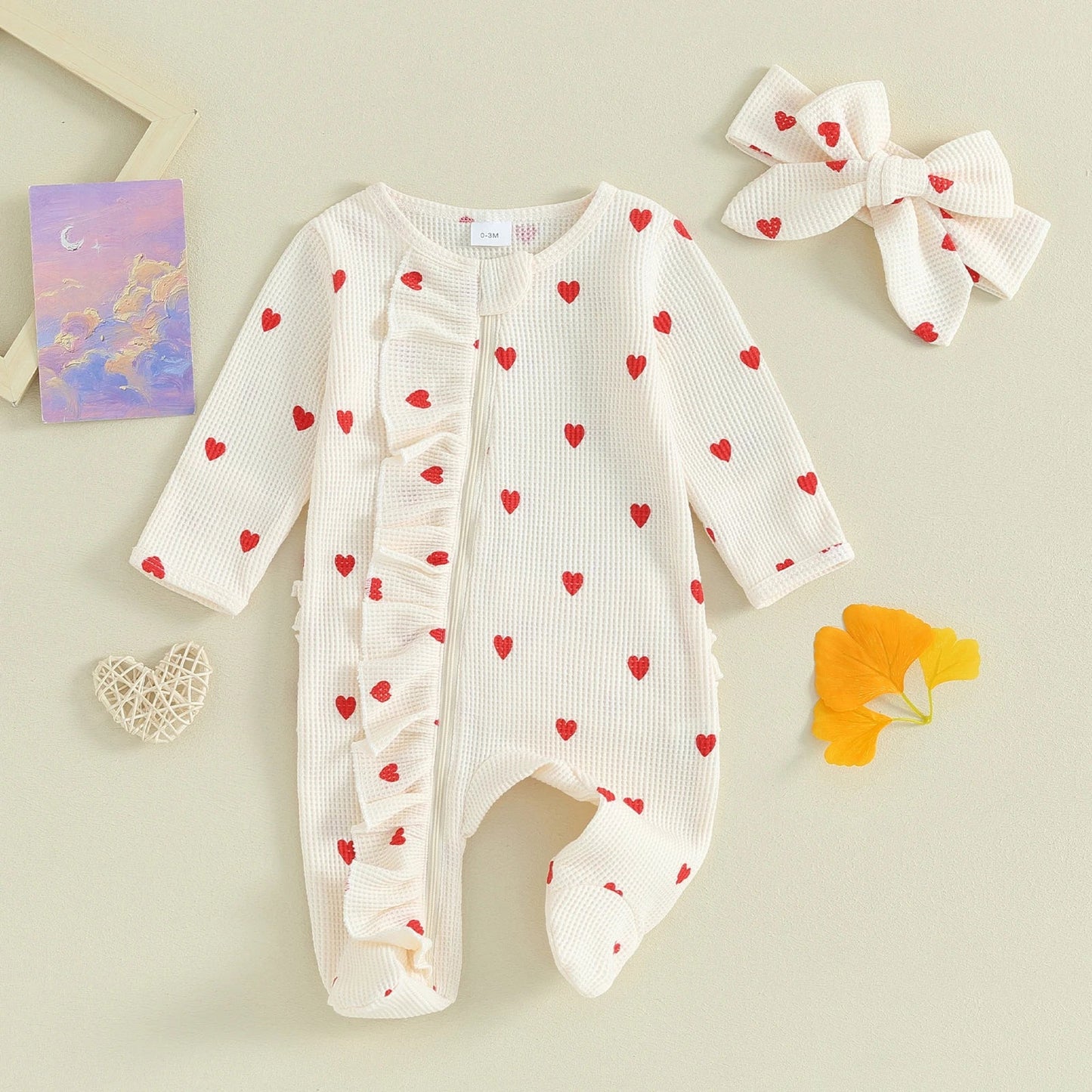 Pudcoco Baby Girls Valentines Day Foot Cover Jumpsuit Long Sleeve Crew Neck Heart Print Ruffle Zipper Footies with Headband 0-6M Good Vibrations