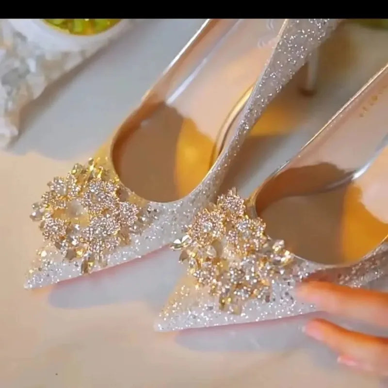 Womens High Heel Shoes Fad Elegant Crystal Pointed Toe Pumps Retro Shallow Mouth Banquet Party Wedding Women Shoes Zapatos Mujer Good Vibrations