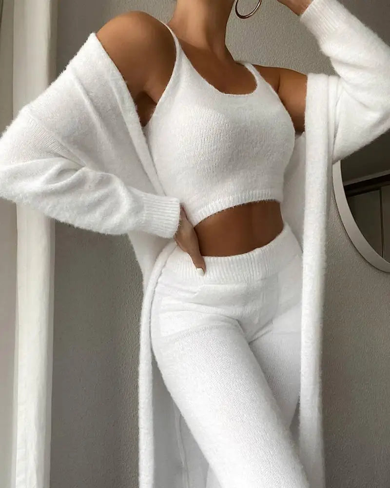 Fall Women Pant Sets Sweater Pajamas For Women Set Cozy Lounge Wear Fuzzy Fleece Sleepwear With Robe 3 Pieces Lounge Wear Sets Good Vibrations
