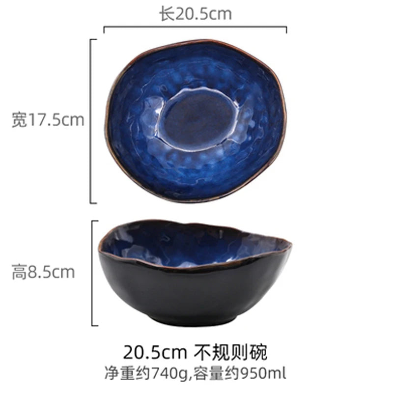 Household Ceramic Dinner Plate European Style Blue Glaze Salad Bowl Irregular Tableware Western Dinner Plate/kitchen Supplies Good Vibrations