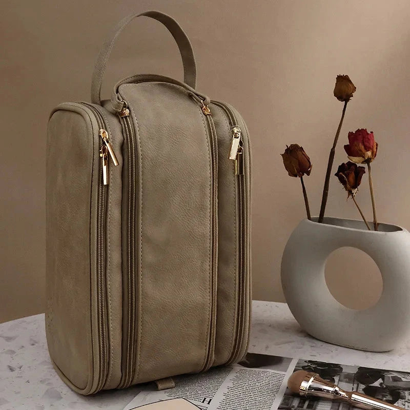 Multifunctional Makeup Bag For Women PU Leather Large Capacity Portable Double Zipper Travel Makeup Brush Toiletries Storage Bag Good Vibrations