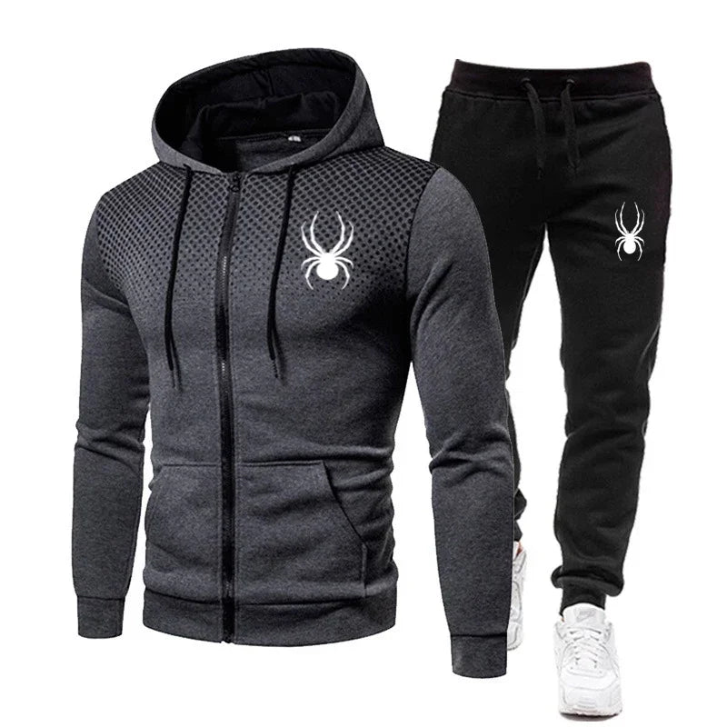 2026 Spring Winter spider print zipper long-sleeved hoodie + stretch waist pants two-piece men's sports jogging fitness suit Good Vibrations