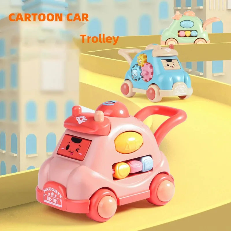 Kid Pull Along Toy Walking Trolley Musical Light Up Car Toy Crawling To Walking Learning Toys Cartoon Polyhedral Trolley Car Toy Good Vibrations
