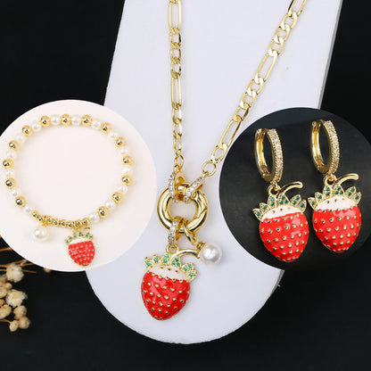 3pcs Hot Sale Shiny Zirconia Crystal Cherry Necklace Bracelet Earrings Jewelry Set Fashion for Woman Girl Wedding Lucky Jewelry Good Vibrations Adult Super Store