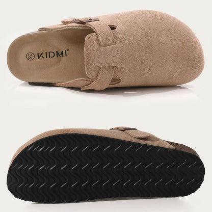 Comwarm Women's Suede Clogs with Adjustable Strap Cork Footbed Leather Mules Slippers Unisex Outdoor Comfortable Potato Shoes Good Vibrations