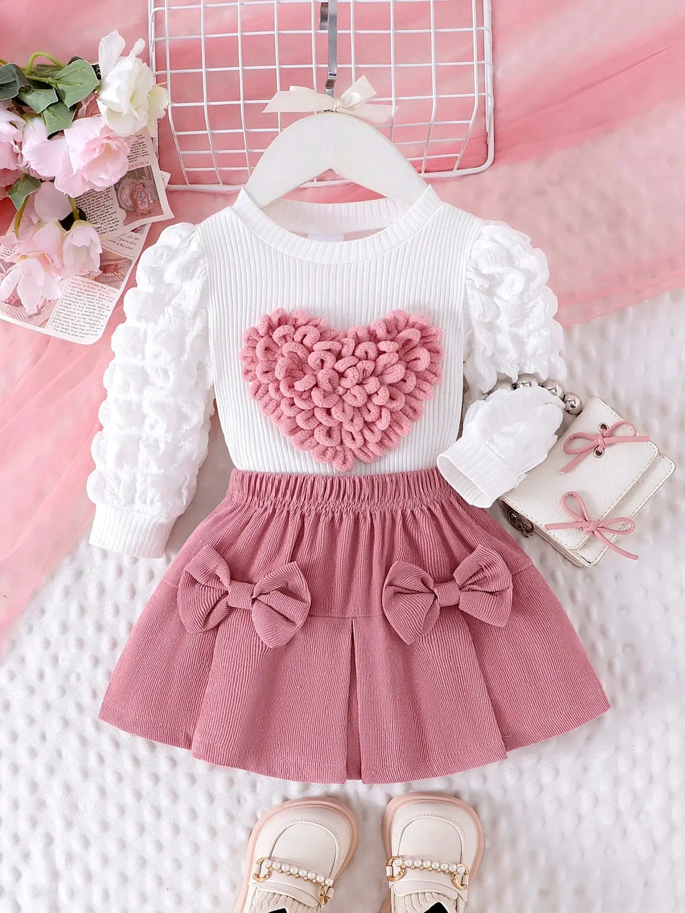 2PCS Winter New Style For 0-3 Year Old Girls, Comfortable Sweet And Cute Bubble Sleeves, Love Chapter Top + Pink Short Skirt Set Good Vibrations