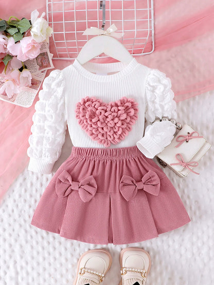 2PCS Winter New Style For 0-3 Year Old Girls, Comfortable Sweet And Cute Bubble Sleeves, Love Chapter Top + Pink Short Skirt Set Good Vibrations