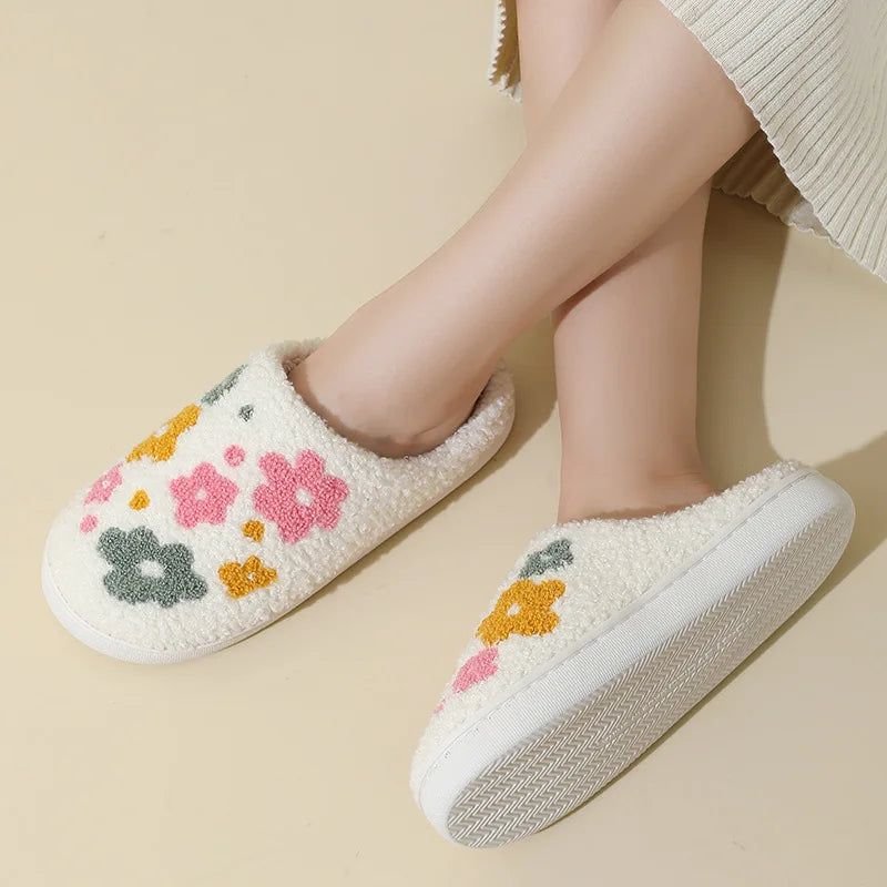 Women's Lovely Pretty Bow Flowers Slippers Men Cartoon Soft Warm Sandals Females Cute Plush Cotton Flat Slides For Autumn Winter Good Vibrations