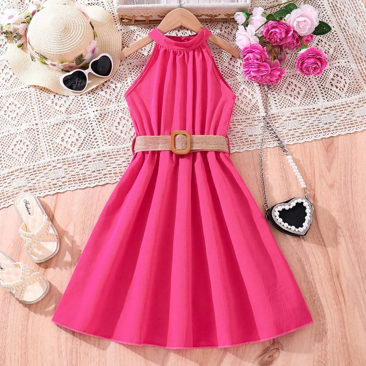Prowow Girls Party Dresses Sleeveless Belted Halter Neck Hem Dress Holiday Beach Children's Clothing Teenagers Dress For Girls Good Vibrations