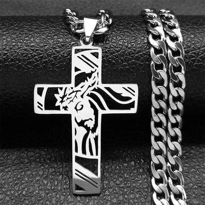 Hip Hop Punk Crown of Thorns Jesus Cross Necklace for Men Stainless Steel Gold Plated Crucifix Pendant Necklaces Jewelry N8052 Good Vibrations