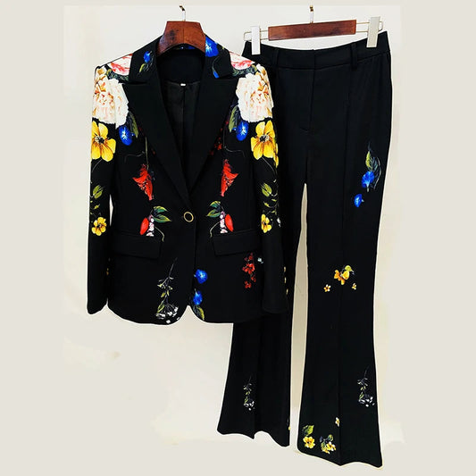 Two Piece Set For Women Fashion Floral Printed Single Button Suits Elegant Slim Fitting Formal Blazer Flare Pants Two Piece Sets Good Vibrations