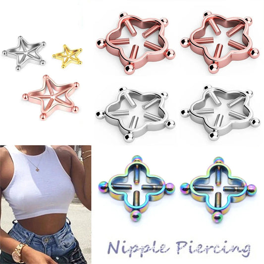 2Pcs 316L Stainless Steel Adjustable Nipple Rings for Women, Star Shaped Flower Shaped Clip On Nipple Ring Fake Piercing Jewelry Good Vibrations Adult Super Store