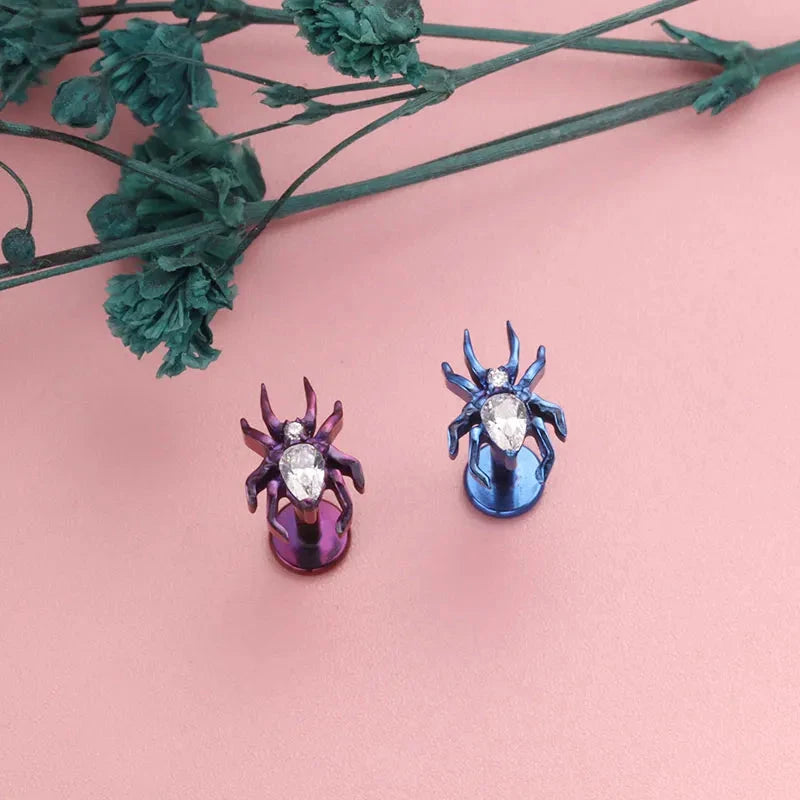 ASTM F136 Titanium 16G 18G Spider CZ Internal Thread Labret Stud Earring Nose Tragus Helix Flat Stud Halloween Body Piercing Good Vibrations
