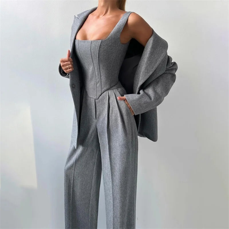 3 Pieces Herringbone Women's Suits Pants Set Top Bra+Blazer+Trousers or Skirt Formal Office Lady Prom Jacket Coat Winter Outfit Good Vibrations