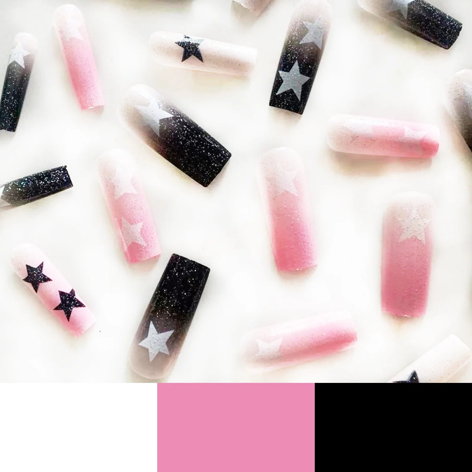 24pcs y2k Fake Nails Black White Star Printed Press on Nail Tips Long Coffin European Artificial Nail Patch for Girl Women Good Vibrations