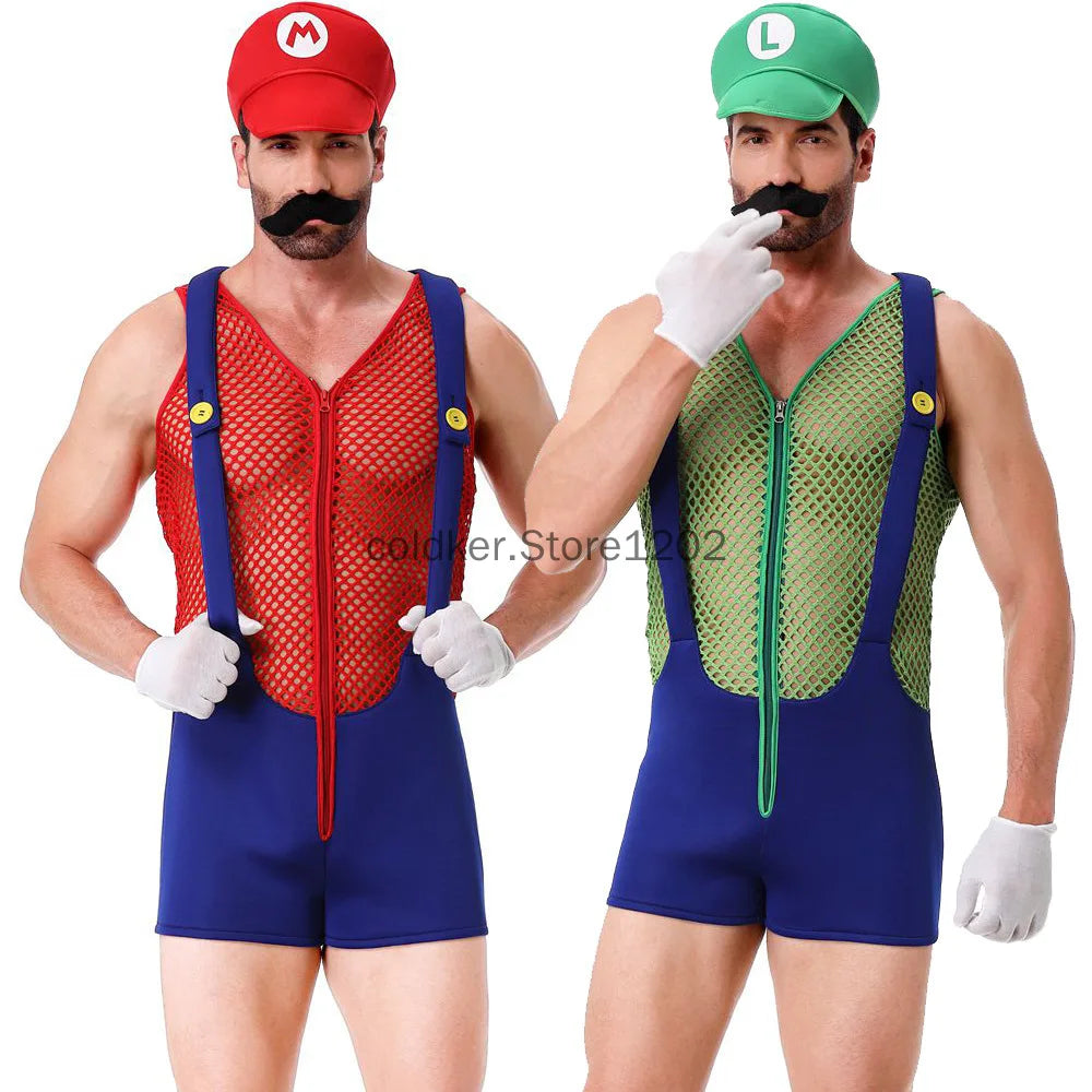 Halloween Adult Anime Cosplay Costume With Hat Men Sexy Costume Red Blue Plumber Brother Fancy Set Carnival Party Dress Up Good Vibrations
