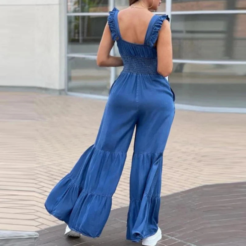 Women Solid Imitation Denim Jumpsuits Spring V Neck High Waist Straight Playsuits Summer Backless Wide Leg Pleated Pants Rompers - Good Vibrations