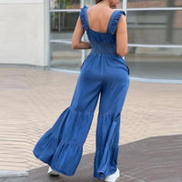 Women Solid Imitation Denim Jumpsuits Spring V Neck High Waist Straight Playsuits Summer Backless Wide Leg Pleated Pants Rompers - Good Vibrations
