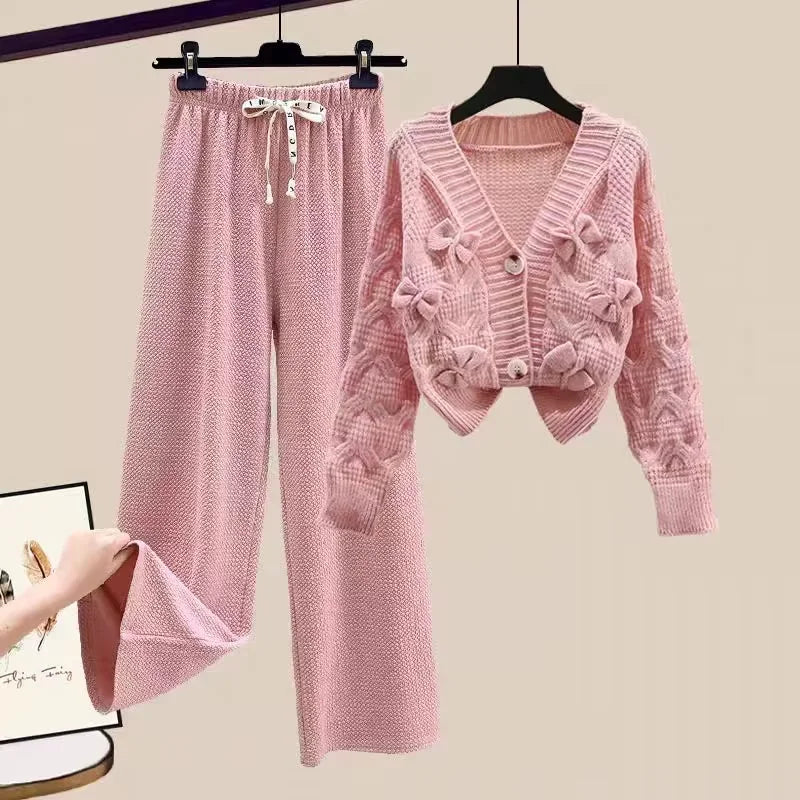 Two Piece Set For Women New In Sweater Matching Sets Korean Sweet Bow Outfit Long Sleeve Cardigan Knitwear Wide Leg Pants Set Good Vibrations