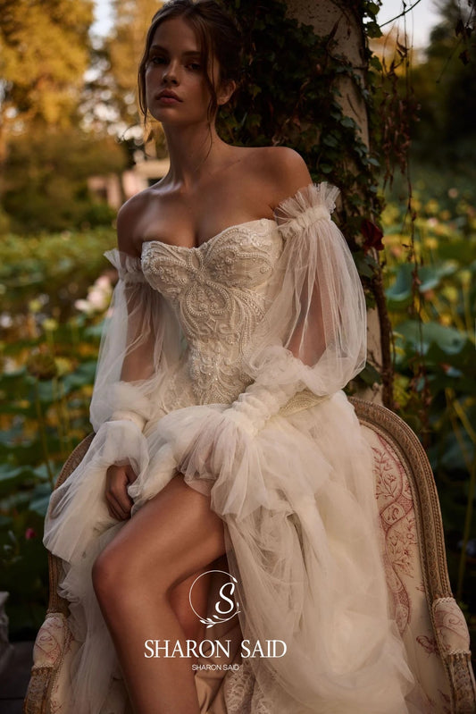 Sharon Said High Quality Boho Tulle Off White Wedding Dress 2026 Puff Sleeve Sweep Train Princess Bride Gowns SW126 Customized Good Vibrations