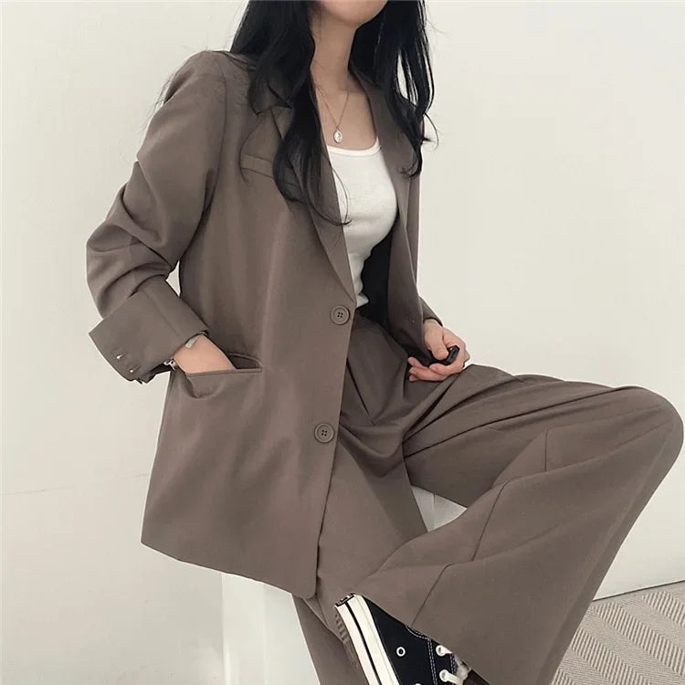 Classic Solid Color Women's Suit Set Fashion Loose Casual Design Spring Autumn Two-Piece Sets Office Long Sleeve Pocket Suits Good Vibrations
