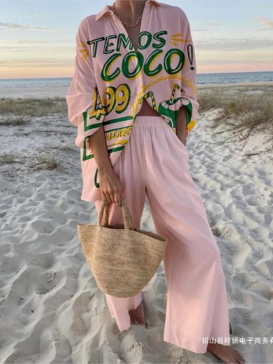 Women's Two Piece Set Print Shirt Pants Suit Single Breasted Lapel Short Sleeve Shirt And Wide Leg Trousers Sets, Lady Outfits Good Vibrations