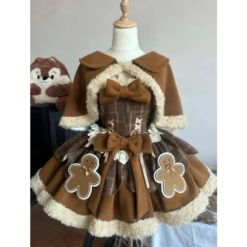 Moka Brown Sweet Christmas Lolita Spliced Cape Set Butterfly Knot Strap Dress Autumn Winter Two Piece Set Floor Length Skirt Good Vibrations