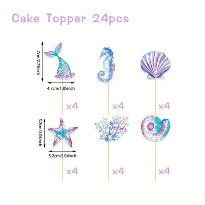 6/12/24pcs Mermaid Cake Toppers,Birthday Party Decoration,Reusable Mermaid Tail Happy Birthday Dessert Cake Topper,Cake Supplies Good Vibrations