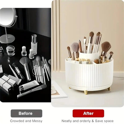 360° Rotating Makeup Organizer - 1pc Plastic Cosmetic Storage with 5 Compartments - Multi-Functional Holder for Brushes Good Vibrations