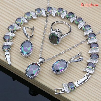 LMFAELECA 925 Silver Women Jewelry Sets Blue Sapphire Earrings Necklace Ring Bracelets Set Gift for Mom/Wife/Sister/Best Friend Good Vibrations