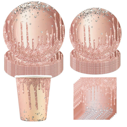 Rose Gold Disposable Tableware Diamond Pattern Paper Cups Plates Straws Table Decoration Wedding Birthday Party Supplies Good Vibrations