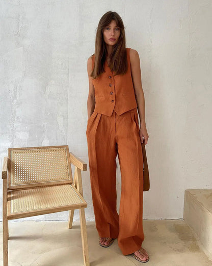2025 New Women Linen Cotton Chic Vest ＆ Pants Suit Two-Piece Set Office Ladies Summer Chic 2 Piece Sets Women's Outfits Good Vibrations