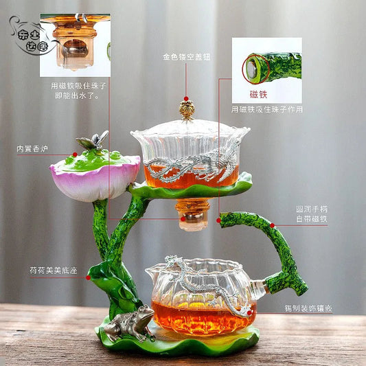 Automatic Tea Set with Heat-Resistant Glass Teapot and Lazy Magnetic Tea Infuser for Home and Office Good Vibrations