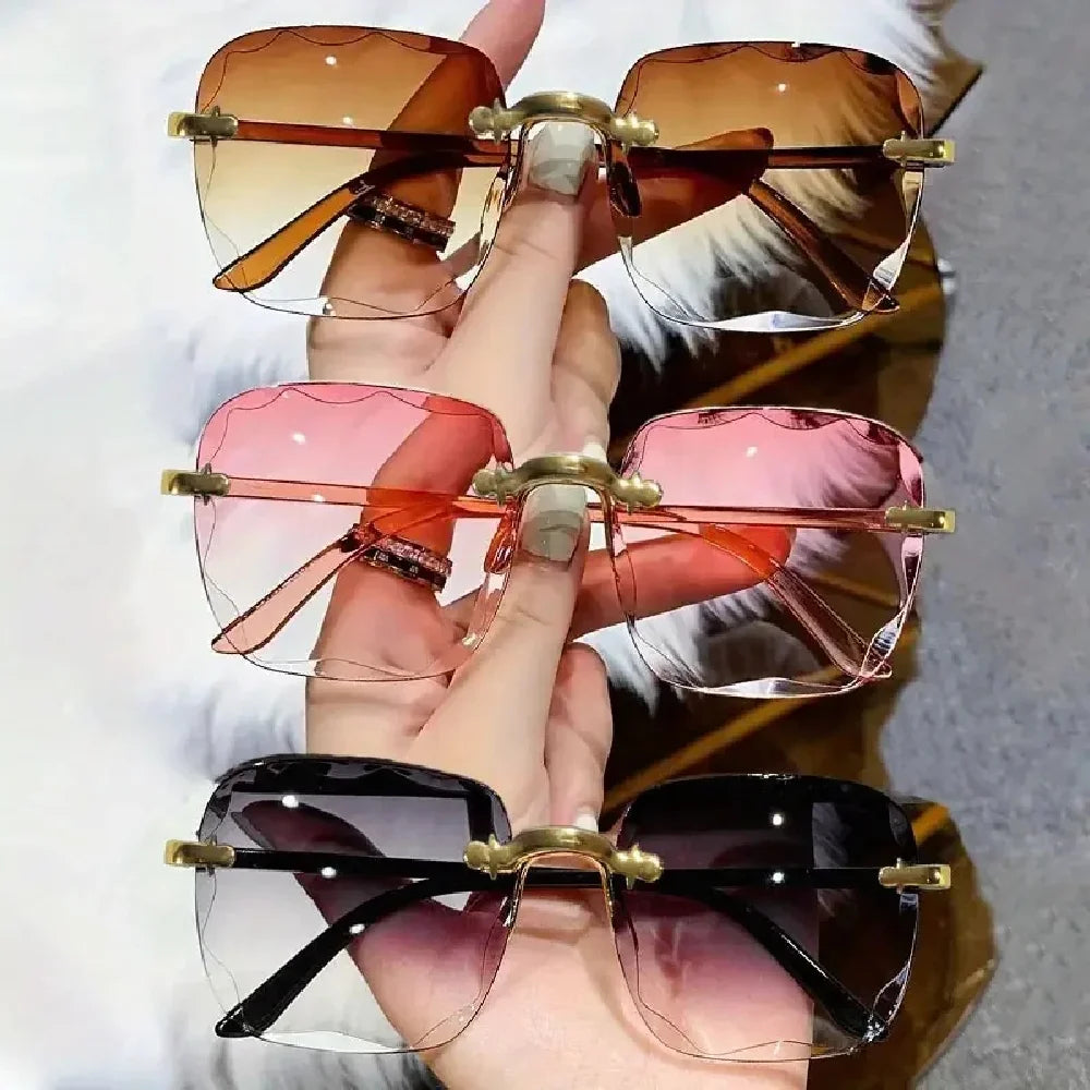Square Rimless Sunglasses Women Luxury Brand Designer Summer Red Glasses Fashion Sun glasses For Men UV400 Shades Oculos Good Vibrations