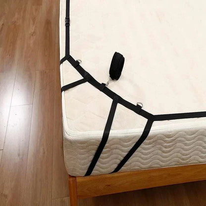 Sex bed restraint BDSM bondage system with nylon handcuffs and ankle cuffs for couples games.