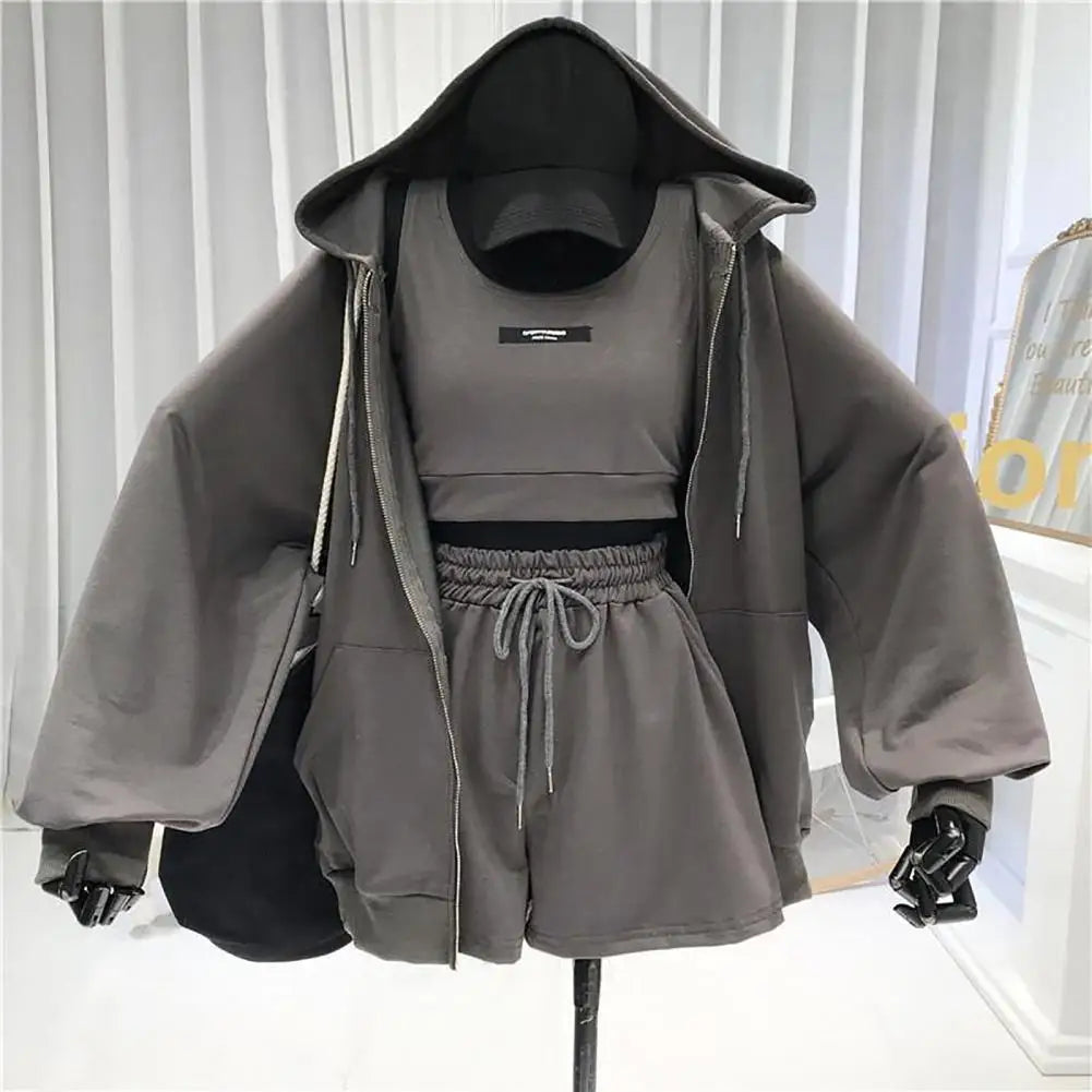 Women Coat Super Soft Sports Jacket Polyester Keep Warm  Simple Three Pieces Drawstring Shorts Vest Thin Coat Set Good Vibrations