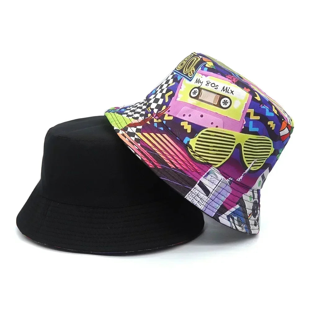 Women Bucket Hat Fashion Design Print 90's Panama Hats Female Vintage Fisherman Unisex Sun Cap Dropshipping Good Vibrations
