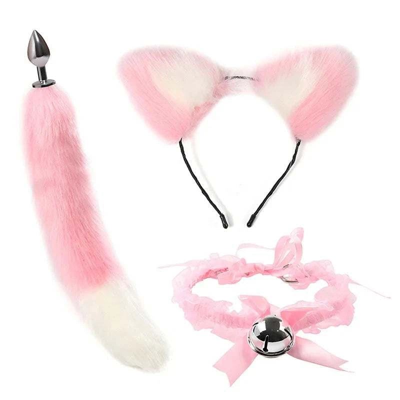 VaHppy SM BDSM Sex Toy Sets role-playing Fox 5pcs/lot Plush Anal Plug Tail Bell Collar Mouth Plugs White/Black/Pink Couple games GOOD Vibrations