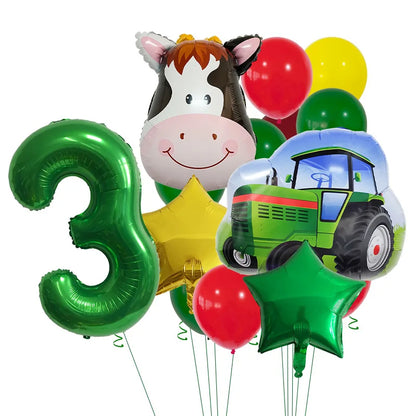 14pcs Farm Themed Tractor Milk Cow Head Balloon 32 inch Green Number Birthday Balloon Set Festive Party Decoration Birthday Gift Good Vibrations