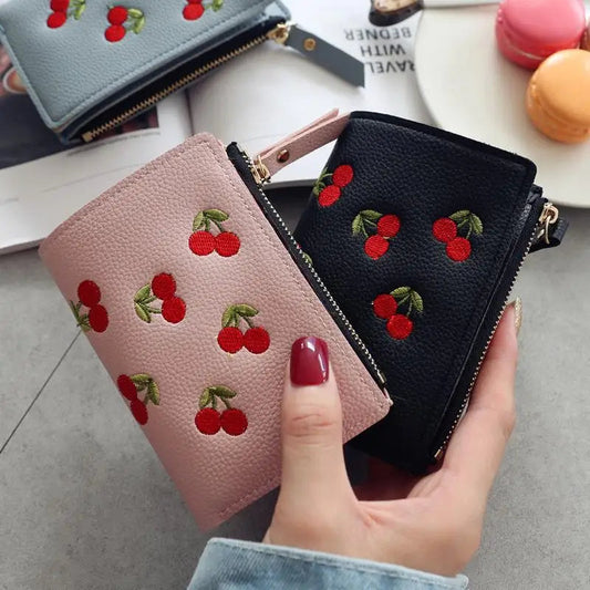 Women Vertical Buckle Cherry Embroidered Small Short Wallet Simple Wallet Girls Zipper Purse Good Vibrations