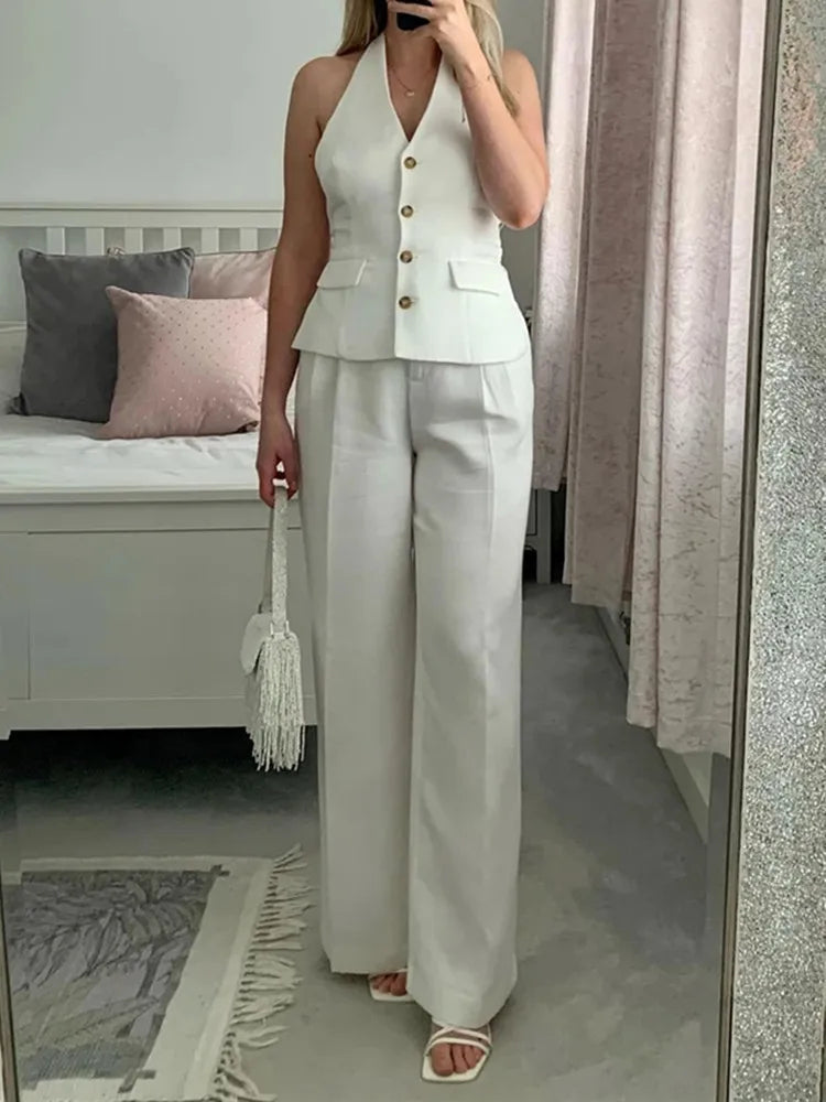 MUJER Pants Sets For Women 2 Pieces Off Shoulder Sleeveless Vest Woman Outfit Fashion Wide Leg Pants Elegant Casual Women's Set Good Vibrations