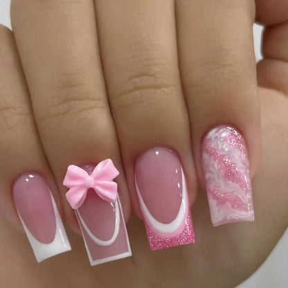 24PCS- Long coffin shaped fake nails, pink three-dimensional butterfly, pink flower decoration, suitable for dating, dinner Good Vibrations