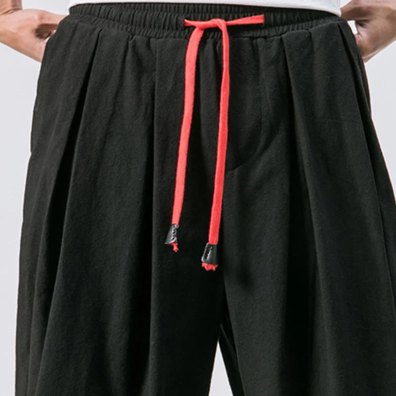 Cotton Linen Harem Pants Men Solid Elastic Waist Streetwear Joggers 2023 New Baggy Drop-crotch Pants Casual Trousers Men Good Vibrations