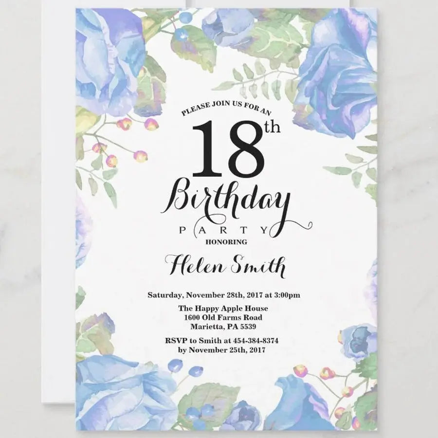 5/20/100pcs 18th birthday invitations, Watercolor Blue Floral birthday invitations 18, Sunflower Birthday Invitation Good Vibrations